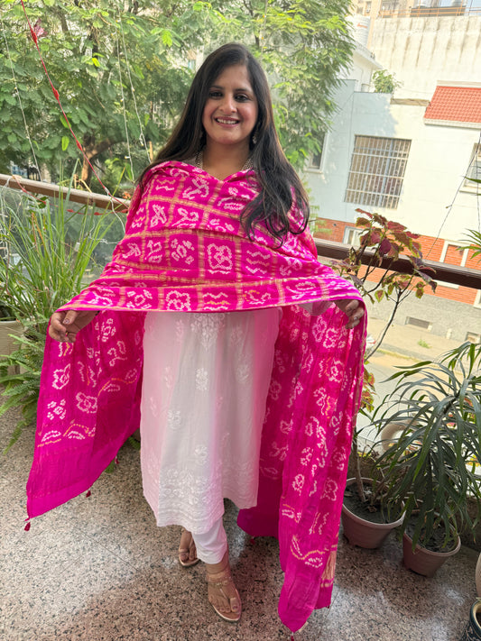 HOT PINK HANDWOVEN HANDCRAFTED GAJJI SILK GHARCHOLA DUPATTA GGD-3