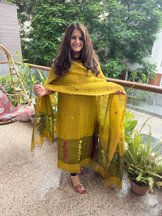 Mustard Yellow & Green Jamdani Tissue Linen Handwoven kurta set