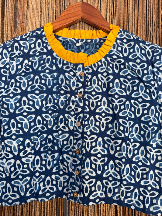 BLUE & YELLOW HANDBLOCK COTTON SILK STITCHED BLOUSE