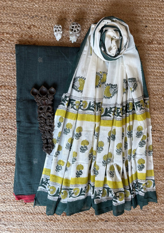 MYRTLE GREEN JAMDANI HAND WOVEN MULL COTTON KURTA BLOCK PRINT COTTON DUPATTA