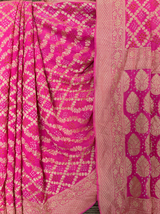 Dark Pink Handwoven Neem Zari Bareek Bandhani Saree with Khaddi Georgette BS- 10