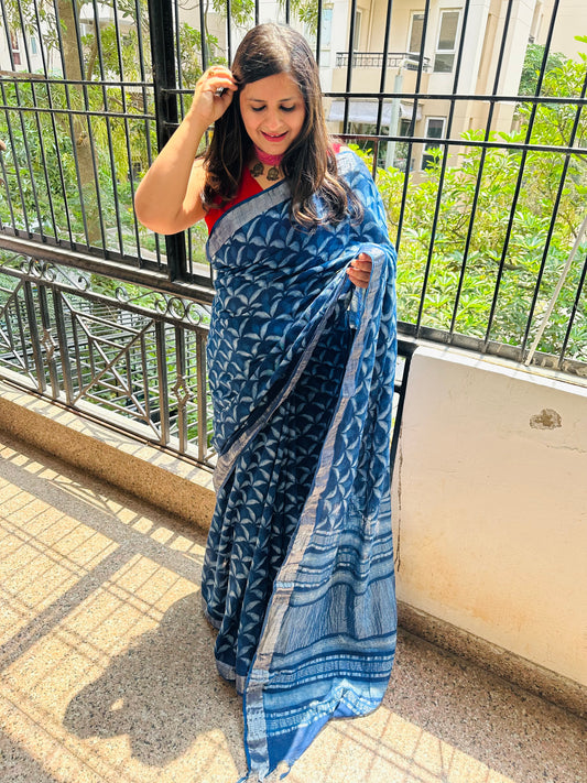 INDIGO AKOLA LINEN ZARI WOVEN HANDBLOCK SARI