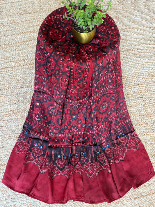 MAROON AJRAKH MODAL SILK STOLE WITH HAND EMBROIDERY MIRROR WORK