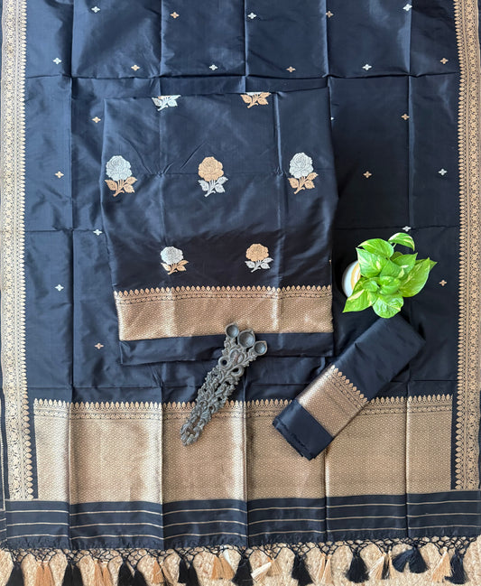 Onyx Black Katan silk certified handloom banarsi kadwa booti three piece suit