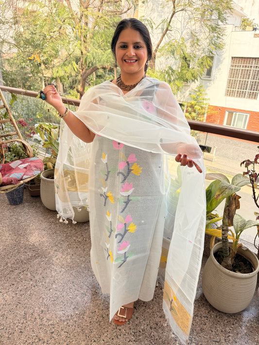 All white handwoven jamdani pure muslin silk kurta set mjk-105