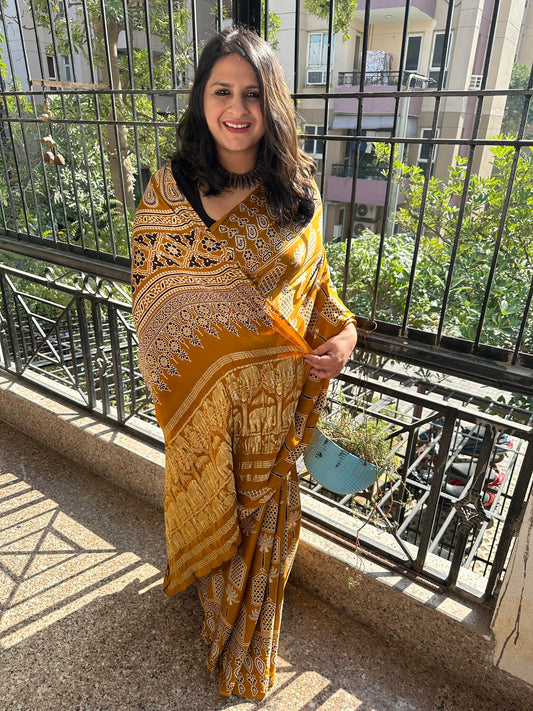 MUSTARD AJRAKH PRINT MODAL SILK SARI WITH ZARI BORDER