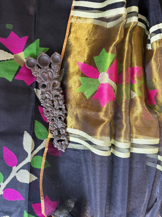 BLAcK HANDWOVEN JAMDANI PURE MUSLIN SILK KURTA SET MJK-104