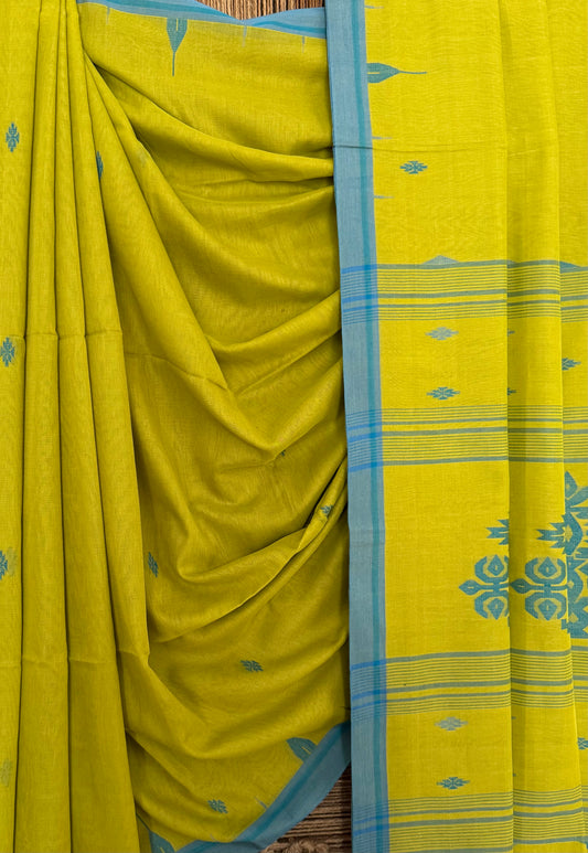BRASS YELLOW CLASSIC AUTHENTIC HANDWOVEN JAMDANI WEAVING PURE COTTON SARI