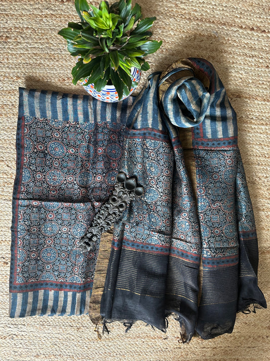 Indigo blue ajrakh silk handblock suit set