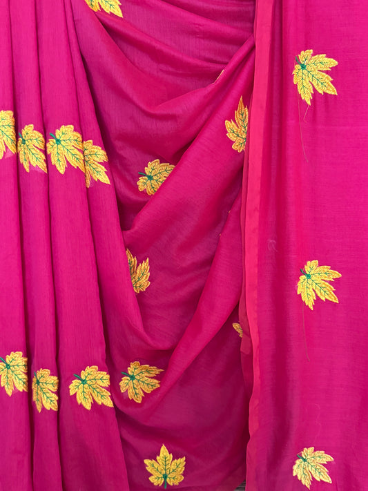Carnation pink mull embroidery handloom sari with tassels