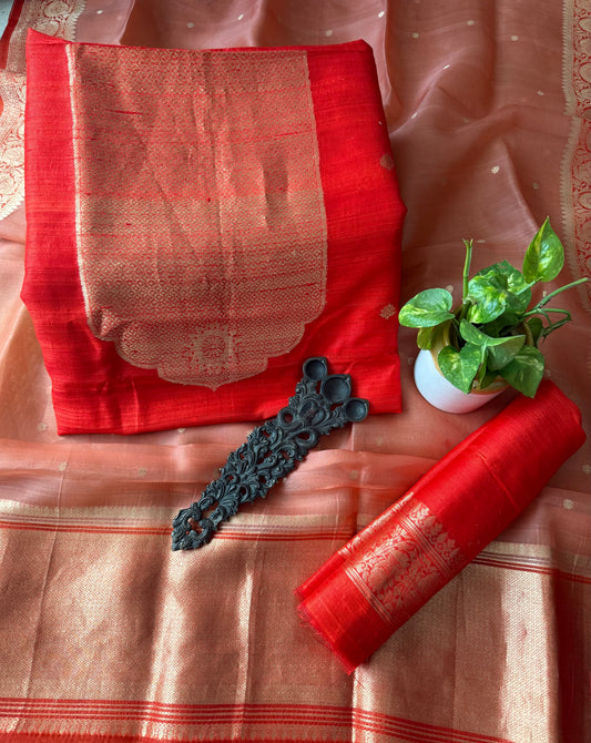 VERMILION RED RAW SILK CERTIFIED HANDLOOM BANARSI KADWA BUTTI WITH WOVEN ZARI THREE PIECE SUIT