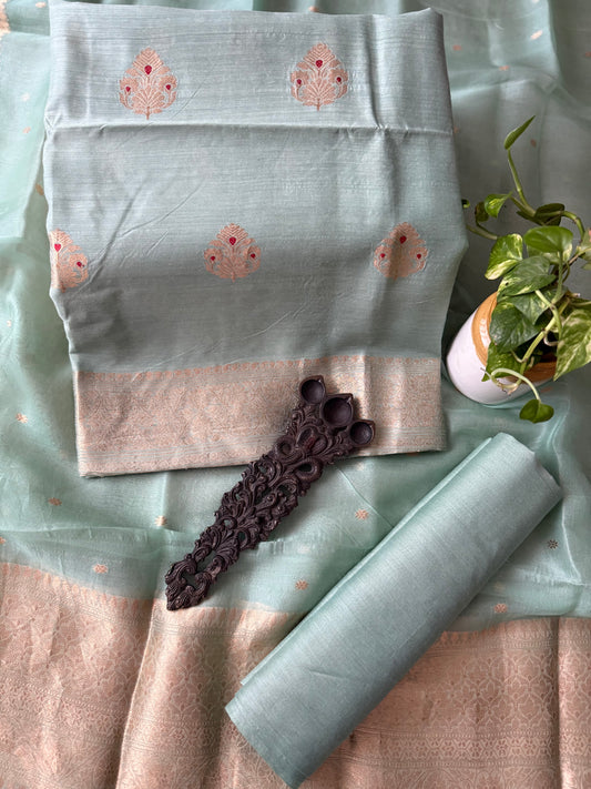 BABY BLUE Kora Silk Certified Handloom Banarsi Kadwa Booti Three Piece Suit (Copy)