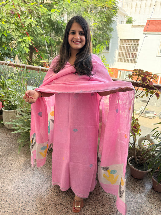 FLAMINGO PINK WOVEN LINEN  KURTA SET LJS- 202
