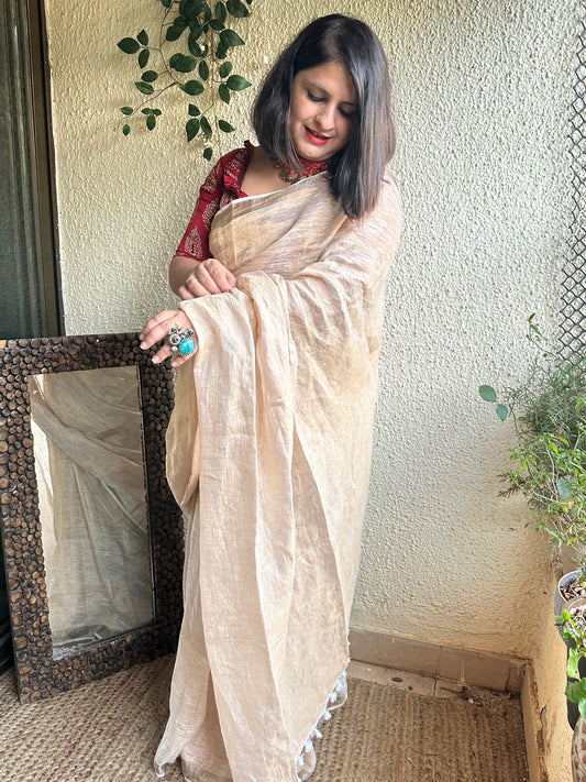 GOLDEN METALLIC LINEN SARI WITH WOVEN  BORDER &  TASSELS ML-60