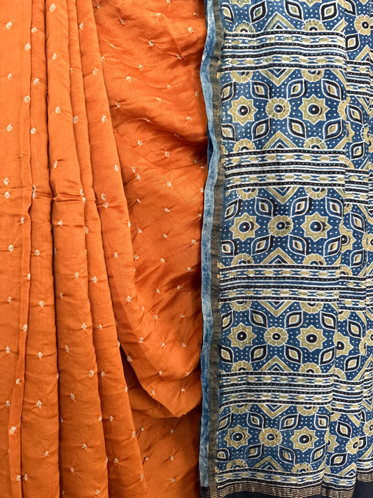 MANGO YELLOW CHANDERI SILK BANDHANI HANDCRAFTED AJRAKH SARI