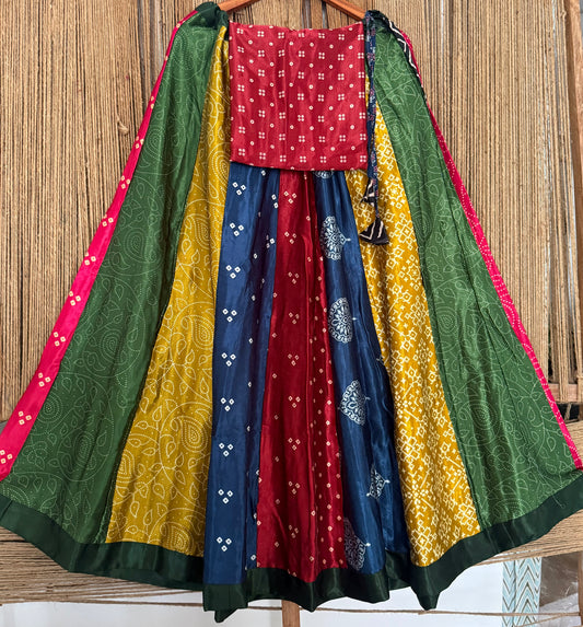 Maroon mashru silk blouse-with Multicolour patchwork handcrafted mashru silk Skirt