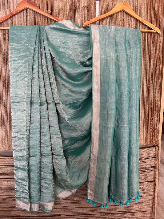 CYAN BLUE SILVER METALLIC LINEN SARI WITH WOVEN BORDER ML-17