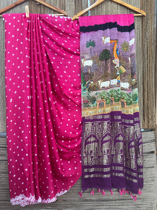 PINK MODAL SILK BANDHANI  SARI WITH PICHWAI PRINT BPS 18