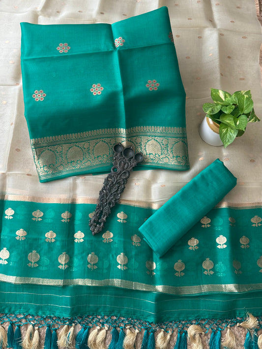 Bright Winter Green kora silk certified handloom banarsi kadwa butti with woven zari three piece suit