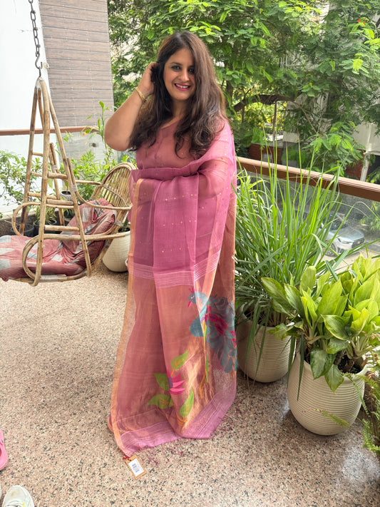 Soft Berry Pink Jamdani sequence work handwoven pure muslin silk sari With Matka Silk Blouse Piece