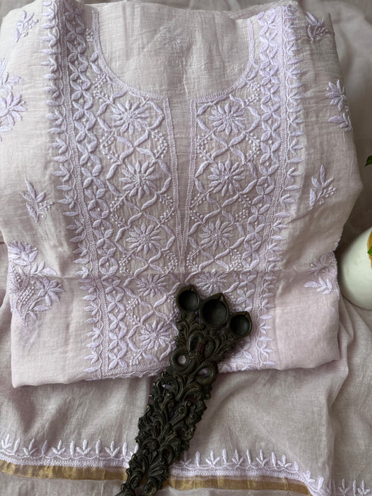 VERY LIGHT PURPLE PREMIUM MULL CHANDERI LUCKNOWI CHICKENKARI HAND EMBROIDERY THREE PIECE SUIT