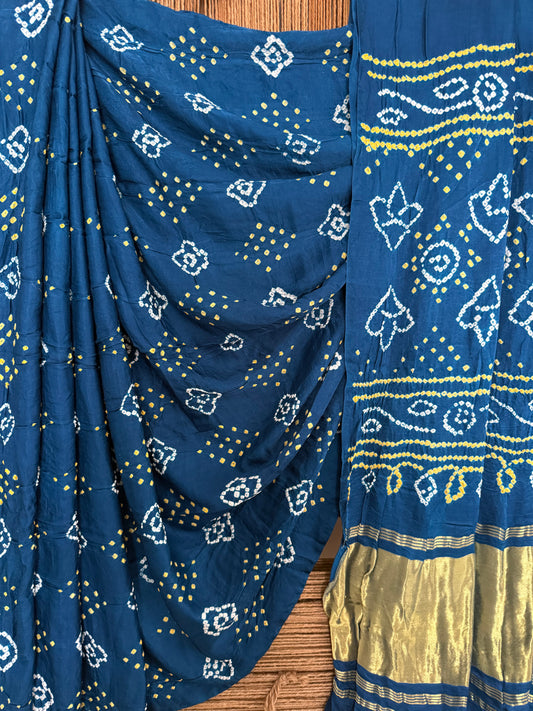 Electric blue gajji silk rai bandhani sari
