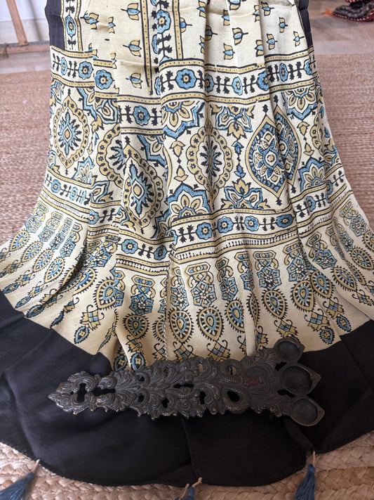 BEIGE GOLDEN AJRAKH MODAL SILK HANDCRAFTED STOLE