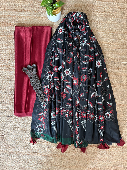 Maroon Solid mashru silk kurta with Black kantha work hand embroidery Banglore Silk dupatta