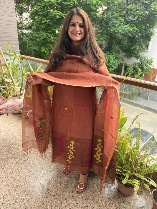 Dusty Mauve Brown Jamdani Tissue Linen Handwoven kurta set