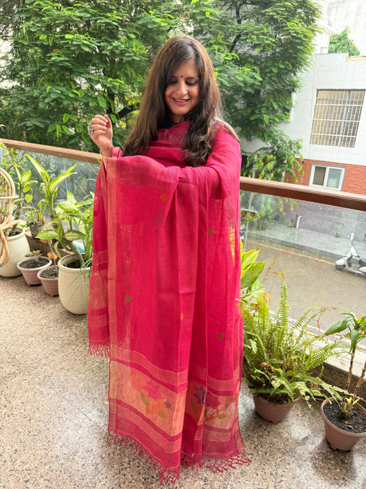 Cerise Pink jamdani linen kurta set