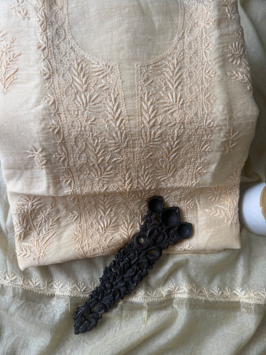 METALLIC GOLD PREMIUM MULL CHANDERI LUCKNOWI CHICKENKARI HAND EMBROIDERY THREE PIECE SUIT 