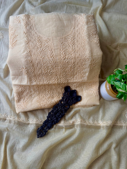 METALLIC GOLD PREMIUM MULL CHANDERI LUCKNOWI CHICKENKARI HAND EMBROIDERY THREE PIECE SUIT 