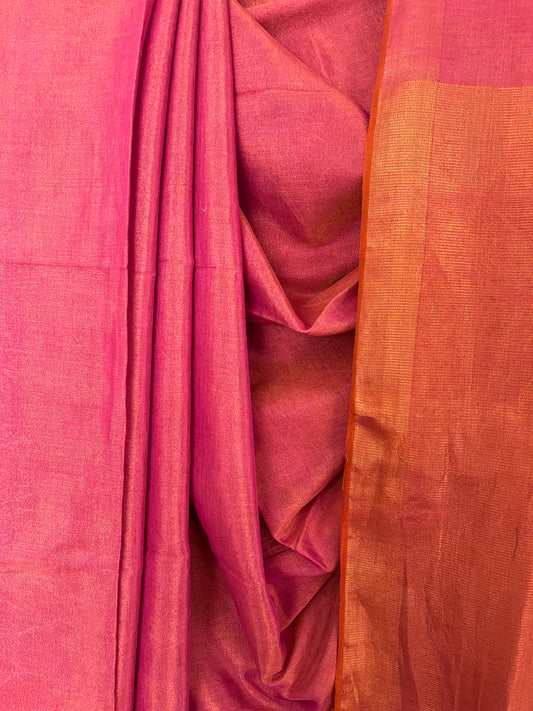 FANDANGO PINK TISSUE LINEN ZARI SARI WITH WOVEN RED BORDER TL-43