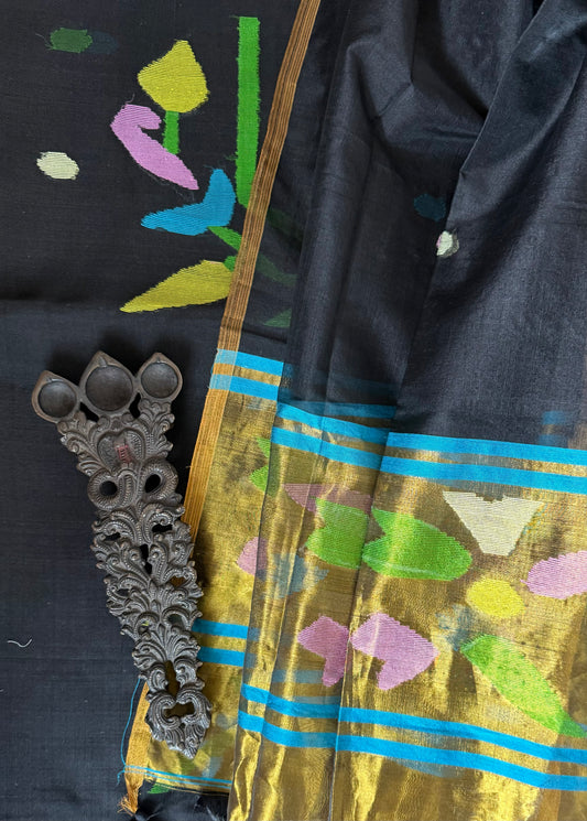 ALL BLACK HANDWOVEN JAMDANI PURE MUSLIN SILK KURTA SET MJK-111