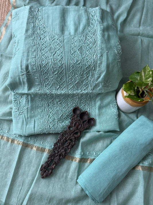 MINT GREEN EMBROIDERY PREMIUM MULL CHANDERI LUCKNOWI CHICKENKARI WITH MOTI WORK HAND EMBROIDERY THREE PIECE SUIT