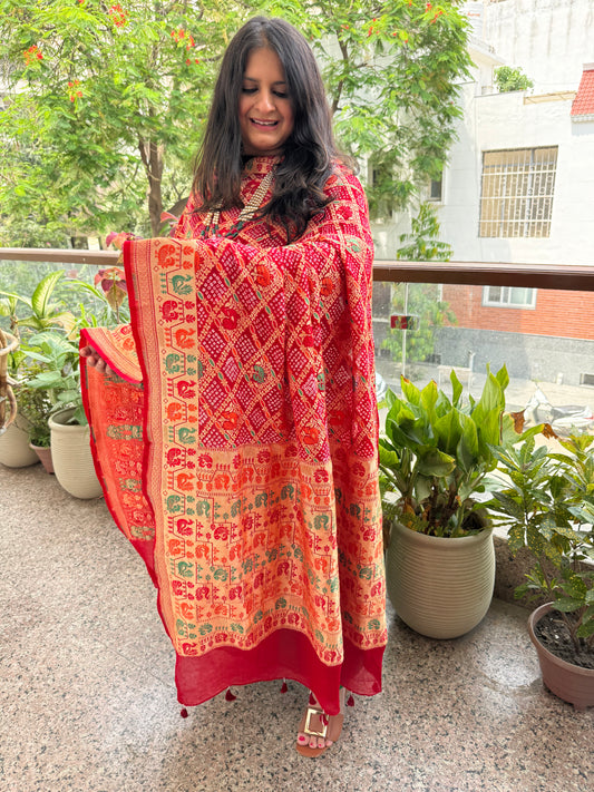 Red shade Handwoven Bareek Bandhani Meena kari Jaal Dupatta with bottle Green pure gajji silk kurta