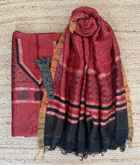 HERTIAGE GALA BUTTA AJRAKH LINEN SILK HANDBLOCK SUIT SET AL-1014