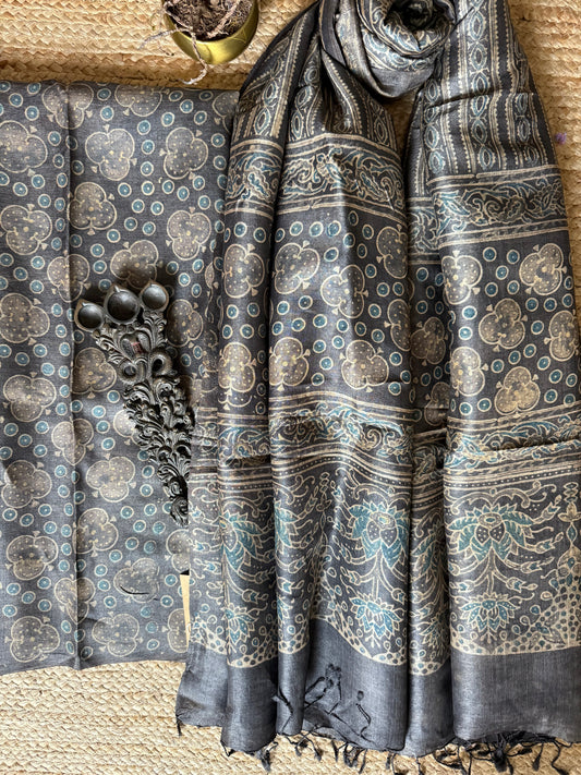 ASH GRAY AJRAKH TUSSAR SILK HANDBLOCK SUIT SET TSS- 14