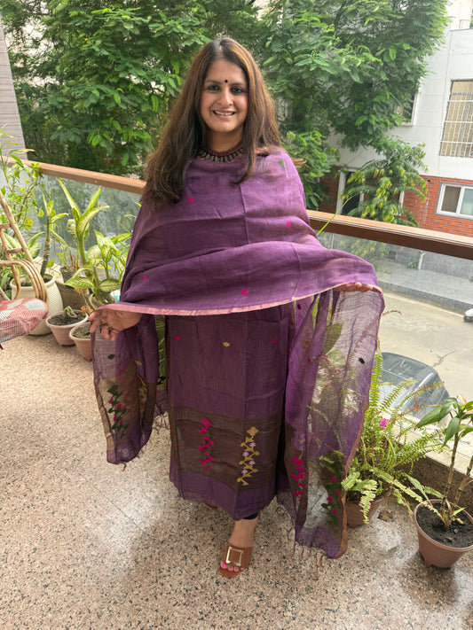 Amethyst Purple Jamdani Tissue Linen Handwoven kurta set