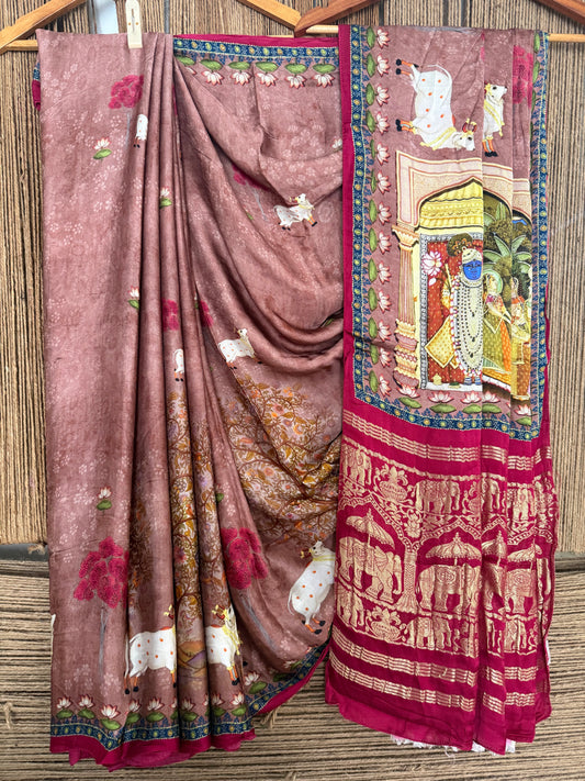 Dusty pink patola modal silk pichwai print sari with zari border pms-10155