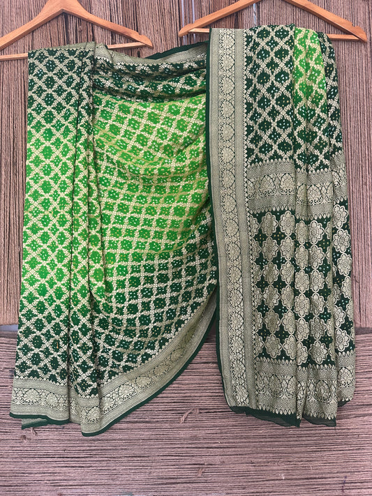 Dark Green & kaitoke Green dual shade Handwoven Neem Zari Bareek Bandhani Saree with Khaddi Georgette BS- 4
