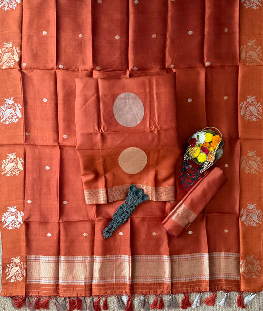 Alloy Orange Katan silk certified handloom banarsi kadwa booti three piece suit cbs-58