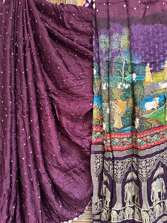 PURPLE MODAL SILK BANDHANI  SARI WITH PICHWAI PRINT BPS 13