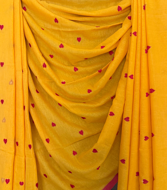 Orange Peel Mull embroidery handloom sari with tassels