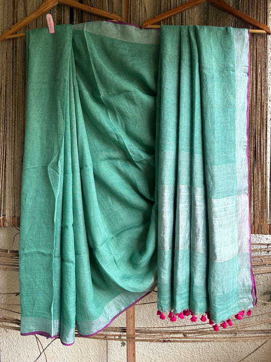 FIROZI LAVENDER LINEN COTTON SARI WITH WOVEN WHITE BORDER & ORANGE TASSELS