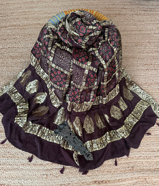 Chocolate Brown modal silk ajrakh handcrafted gharchola dupatta with ajrakh print in nakshi border