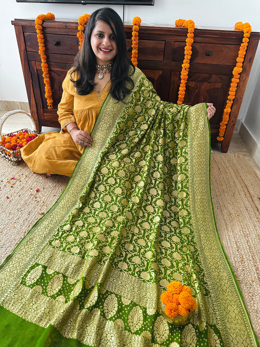 Gorillaz green Handwoven NeemZari Bareek Bandhani in Khaddi Georgette dupatta BD-1015