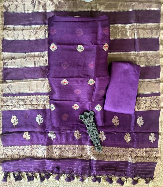 Palatinate Purple kora silk certified handloom banarsi kadwa booti meenakari three piece suit