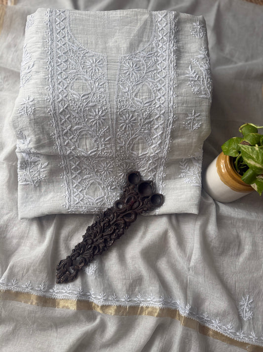 RHINO PREMIUM MULL CHANDERI LUCKNOWI CHICKENKARI HAND EMBROIDERY THREE PIECE SUIT