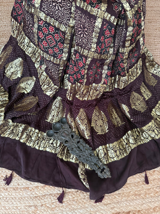 Chocolate Brown modal silk ajrakh handcrafted gharchola dupatta with ajrakh print in nakshi border